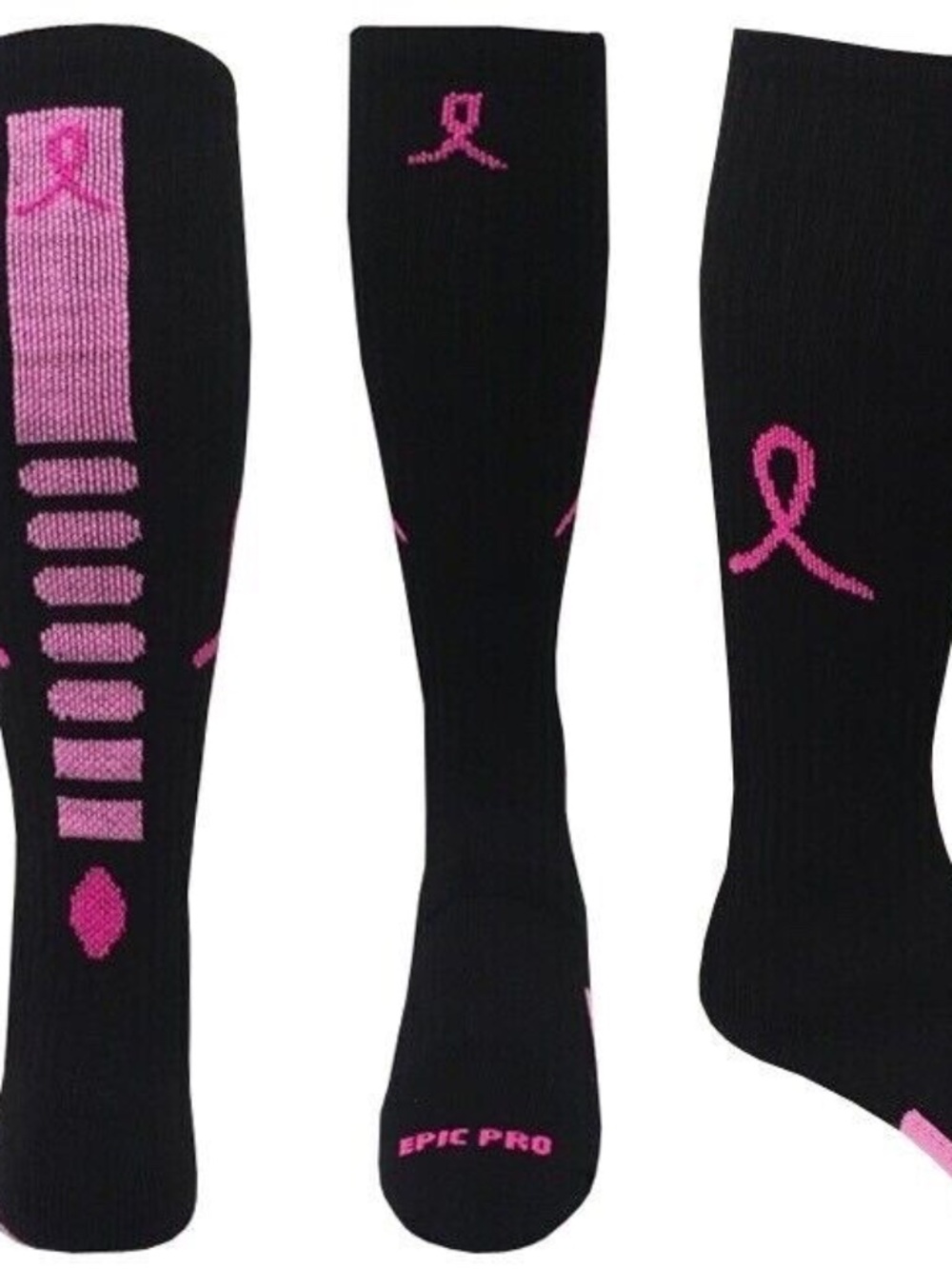 New Epic Sports E125247 Over Calf Breast Cancer Black Pink Ribbon Socks Size L